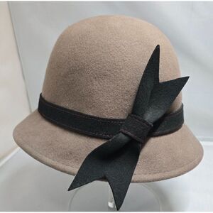 Brown Wool Cloche Hat With Black Ribbon & Bow Accent For Women